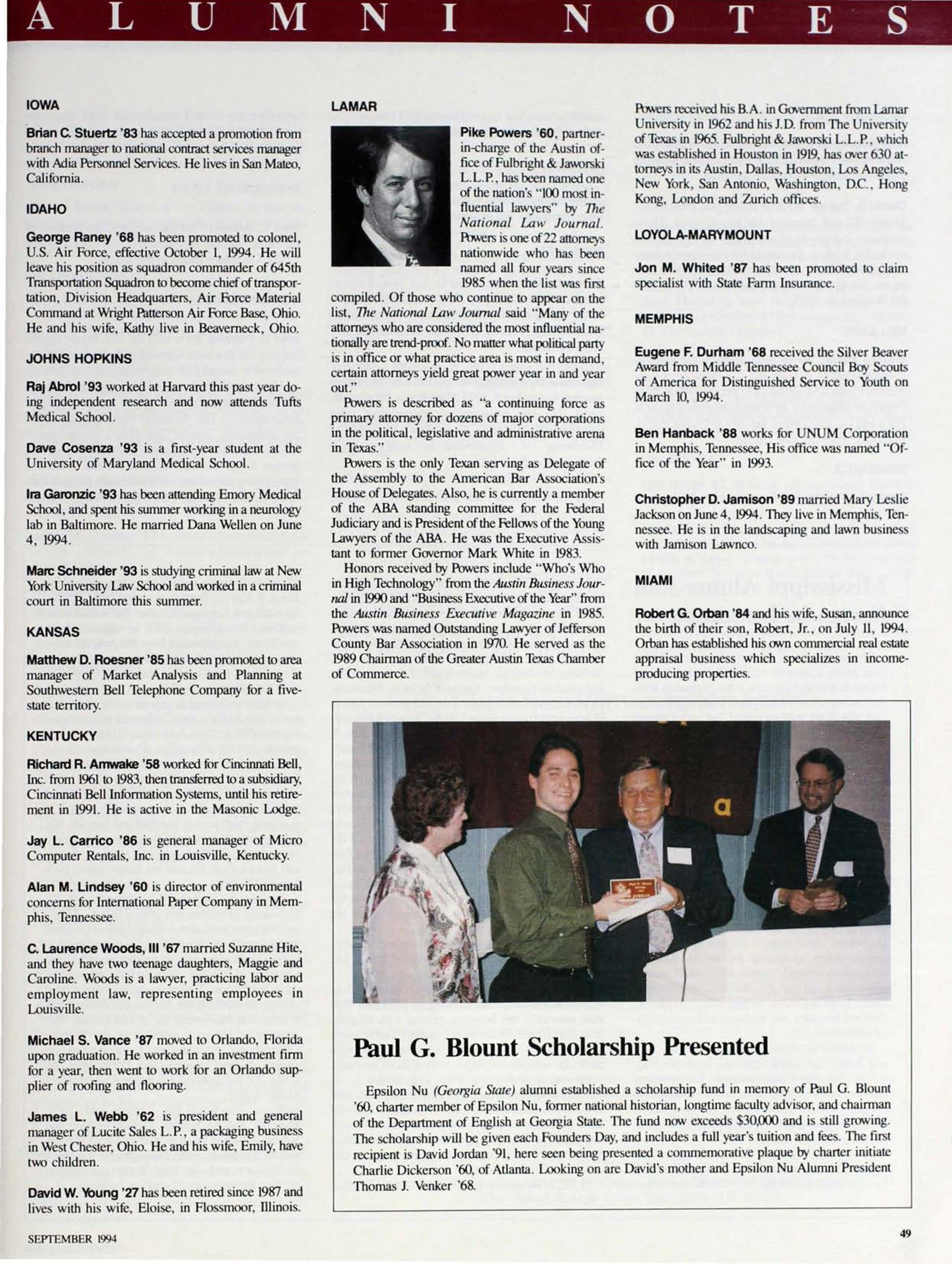 Paul G. Blount Scholarship Presented